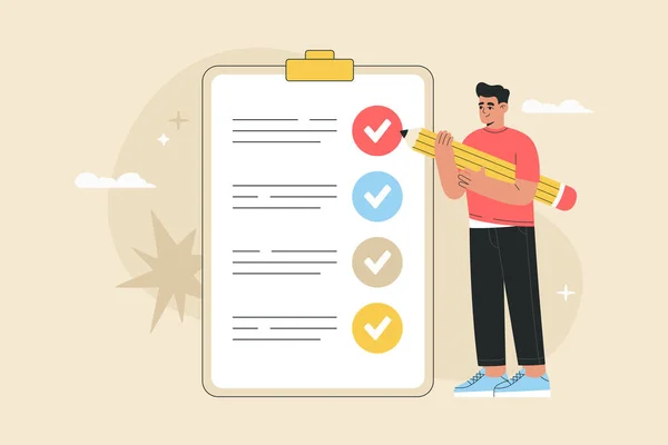 Man Holding Big Pencil Making Notes Checklist Fixed Clipboard Successful — Stock Vector