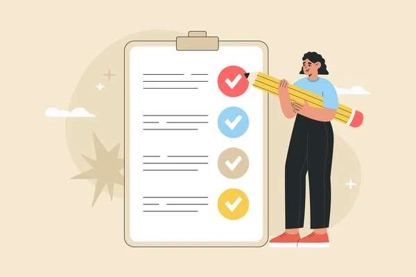 Woman Holding Big Pencil Making Notes Checklist Fixed Clipboard Successful — Stockvektor