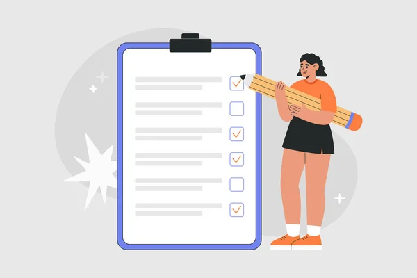 Girl Holding Big Pencil Making Notes Checklist Fixed Clipboard Successful — Stockvektor