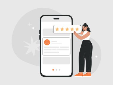 Young woman with five stars giving feedback review in mobile app. Customer satisfaction rating, consumer online survey. Hand drawn vector illustration isolated on light background, flat cartoon style.