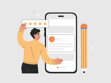 Man with five yellow stars giving feedback review in mobile app. Customer satisfaction rating, consumer online survey. Hand drawn vector illustration isolated on light background, flat cartoon style.