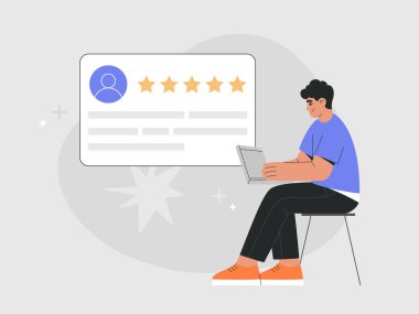 Man sitting with laptop and giving feedback review or leaving comments. Customer satisfaction rating, consumer survey. Hand drawn vector illustration isolated on background, flat cartoon style.