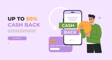 Landing page of cash back concept. Man holding big dollar coin. Refund money from payment. Internet transaction, money saving. Mobile phone, credit card. Vector illustration, flat cartoon style.