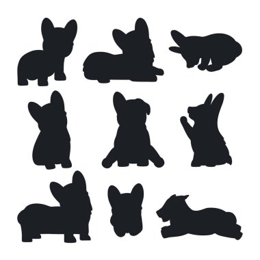 Set of black silhouettes of corgi dogs. Little pet animals in different poses. Hand drawn vector illustration isolated on white background, modern flat cartoon style.