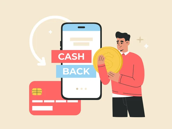 Online Cashback Concept Man Holding Big Dollar Coin Refund Money — Wektor stockowy