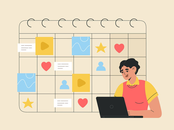 Girl marketer with laptop makes a content plan on calendar. Concept of social media planning, internet marketing. Hand drawn vector illustration isolated on light background, flat cartoon style