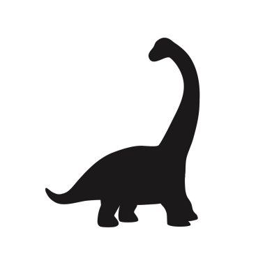 Siyah siluet, uzun boyunlu ve kısa bacaklı şirin bir brontozor. Komik tarih öncesi hayvan. El çizimi vektör çizimi beyaz arkaplan üzerinde izole, düz biçim.