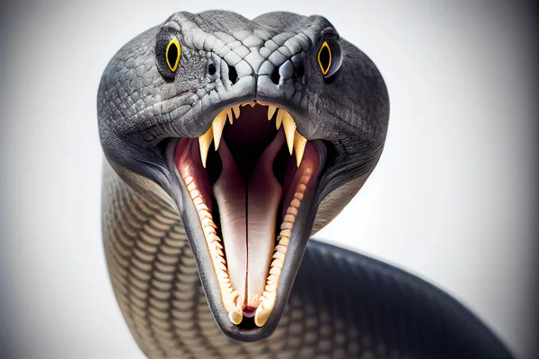 A close-up image of a black mamba snake with its mouth open against a white background. The focus is on the snakes striking features and its dangerous reputation