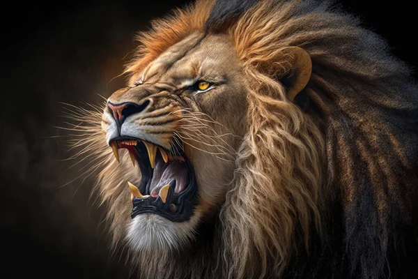 Close-up of a big angry lion roaring on a defocused black background