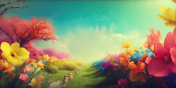 A peaceful spring scene with a colorful flower-lined path and lush green surroundings under a partly cloudy sky, perfect for marketing or design use