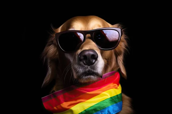 An adorable dog sporting sunglasses and a pride bandana, an inclusive statement that love and acceptance come in all shapes, sizes, and species