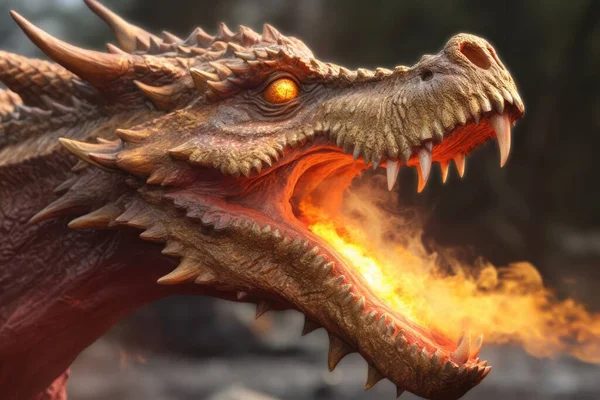 Bright dragon with glowing eyes spreading burning fire on blurred background of nature