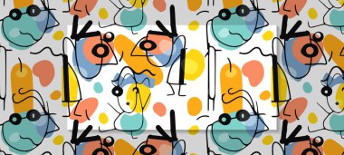 Çizim basit, karalama sanatı çocuk tarzı. Soyut grafik tasarımı, renkli ve şirin karikatür portresi olan kusursuz vektör deseni, baskı, kart, kapak, afiş, tekstil, arkaplan.