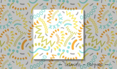 Basit çizim, karalama çizgisi ve geometrik şekil, çocuk karalama sanatı tarzı. Soyut grafik tasarım, vektör pürüzsüz desen. Yazdırma kumaşı, tekstil ve duvar kağıdı arkaplanı için resim tasarımı