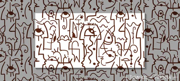 Векторні Ілюстрації Безшовний Візерунок Малювання Рук Абстрактне Обличчя Око Геометрична — стоковий вектор