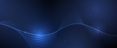 Çizim vektörü soyut dalga, akış çizgisi, hareket deseni ve koyu mavi arkaplan üzerindeki parçacık noktası. Arka plan için modern fütürist, büyük veri tasarımı. Dijital veri, yüksek teknoloji, teknoloji kavramı