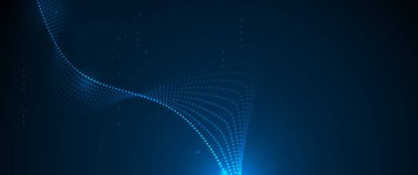 Çizim vektörü soyut dalga, akış çizgisi, hareket deseni ve koyu mavi arkaplan üzerindeki parçacık noktası. Arka plan için modern fütürist, büyük veri tasarımı. Dijital veri, yüksek teknoloji, teknoloji kavramı