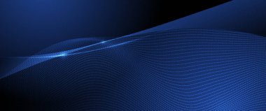 Vektör soyut dinamiği, dalga - akış ağ parçacıkları deseni ve koyu mavi arkaplan üzerindeki nokta. İllüstrasyon tasarımı fütüristik, ağ teknolojisi geçmişi. Modern dijital veri ve bilim konsepti