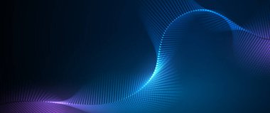 Vektör soyut dinamiği, dalga - akış ağ parçacıkları deseni ve koyu mavi arkaplan üzerindeki nokta. İllüstrasyon tasarımı fütüristik, ağ teknolojisi geçmişi. Modern dijital veri ve bilim konsepti