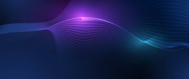 Soyut dalga çizgisi, hareket deseni ve koyu mavi arkaplanda parçacık noktası olan illüstrasyon vektör elemanı. Arka plan için modern fütürist tasarım. Dijital veri, yüksek teknoloji, teknoloji konsepti
