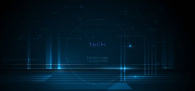 Soyut vektör tasarımı, fütürist mavi anakart, koyu mavi arka planda dijital devre ve işlemci. Teknoloji, veri iletişimi konsepti ve modern teknoloji arkaplanındaki bilgi akışı için