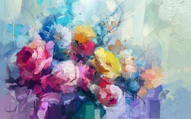 Modern soyut sanat, yağlı boya dokusu mavi, pembe, sarı, kırmızı fırça darbesi. Duvar kağıtları için bahar, yaz çiçeği doğası. Dekorasyon arka planı için resim çizimi çiçek tasarımı