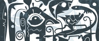 Vektör çizim kalıbı, El çizimi soyut yüz, geometrik şekil, desenli çizim çizimi, Joan Miro 'dan esinlenilmiş. Moda, tekstil ve poster arkaplanı için modern sanat grafik tasarımı