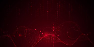 Çizim vektörü soyut dalga, akış çizgisi, hareket deseni ve kırmızı zemin üzerindeki parçacık noktası. Arka plan için modern fütürist, büyük veri tasarımı. Dijital veri, yüksek teknoloji, teknoloji kavramı