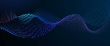 Vektör Soyut akış dalga çizgisi, parçacık nokta deseni, koyu mavi eğimli arkaplan üzerindeki neon ışığı. Modern fütüristik tasarım, parçacıklar arka plan için dalga verileri. Ağ, bilim, teknoloji kavramı