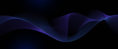 Vektör elemanı. Soyut dalga çizgisi, parçacık nokta deseni, koyu mavi arkaplanda neon ışığı. Sancak arkaplanı için modern fütürist tasarım. Ağ, bilim, teknoloji, veri teknolojisi konsepti