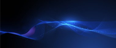 Vektör Soyut akış dalga çizgisi, parçacık nokta deseni, koyu mavi eğimli arkaplan üzerindeki neon ışığı. Modern fütüristik tasarım, parçacıklar arka plan için dalga verileri. Ağ, bilim, teknoloji kavramı
