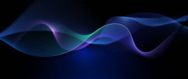 Vektör Soyut akış dalga çizgisi, parçacık nokta deseni, koyu mavi eğimli arkaplan üzerindeki neon ışığı. Modern fütüristik tasarım, parçacıklar arka plan için dalga verileri. Ağ, bilim, teknoloji kavramı