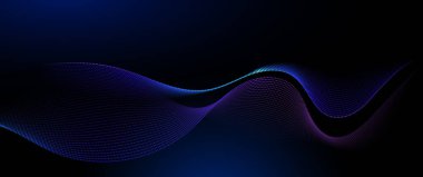 Vektör Soyut akış dalga çizgisi, parçacık nokta deseni, koyu mavi eğimli arkaplan üzerindeki neon ışığı. Modern fütüristik tasarım, parçacıklar arka plan için dalga verileri. Ağ, bilim, teknoloji kavramı