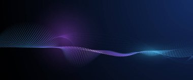 Soyut dalga çizgisi, hareket deseni ve koyu mavi arkaplanda parçacık noktası olan illüstrasyon vektör elemanı. Arka plan için modern fütürist tasarım. Dijital veri, yüksek teknoloji, teknoloji konsepti