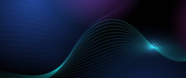 Vektör soyut dinamiği, dalga parçacığı ve nokta. Dinamik ağlı illüstrasyon teknolojisi arka planı, pankart için neon ışığı tasarımı, duvar kağıdı. Yüksek teknoloji, dijital veri ağı ve bilim konsepti