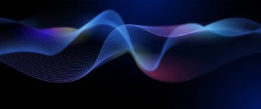 Vektör soyut dinamiği, dalga - akış ağ parçacıkları deseni ve koyu mavi arkaplan üzerindeki nokta. İllüstrasyon tasarımı fütüristik, ağ teknolojisi geçmişi. Modern dijital veri ve bilim konsepti