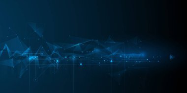 Moleküllü vektör çizimi soyut teknoloji, akışkan nokta parçacık akış çizgisi, kablo çerçevesi ve mavi arkaplan üzerindeki nokta. Datum teknoloji ağı, bilim, yapay zeka konsepti