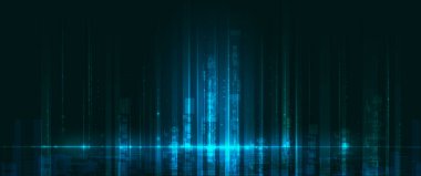 Vektör illüstrasyon mimarisi, siber alanı olan şehir manzarası, neon ışığı. Modern yüksek teknoloji, bilim, veri - veriler fütüristik teknoloji konsepti. Soyut dijital şehir, arka plan için yenilik tasarımı