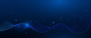 Moleküllü vektör çizimi soyut teknoloji, akışkan nokta parçacık akış çizgisi, kablo çerçevesi ve mavi arkaplan üzerindeki nokta. Datum teknoloji ağı, bilim, yapay zeka konsepti