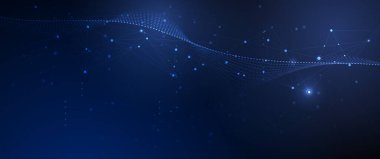 Moleküllü vektör çizimi soyut teknoloji, akışkan nokta parçacık akış çizgisi, kablo çerçevesi ve mavi arkaplan üzerindeki nokta. Datum teknoloji ağı, bilim, yapay zeka konsepti