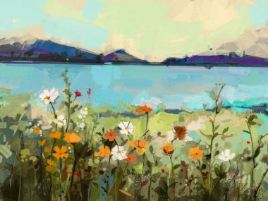 Soyut sanat, açık havada çiçek, kır çiçeği, tarla, çayır ve mavi gökyüzü ile yağlı boya. Çizim sanatı, yaz - bahar doğası. Arka plan için çağdaş empresyonist sanat