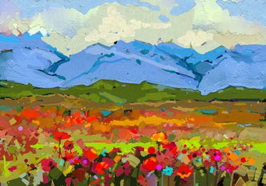 Soyut sanat, açık havada çiçek, kır çiçeği, tarla, çayır ve mavi gökyüzü ile yağlı boya. Çizim sanatı, yaz - bahar doğası. Arka plan için çağdaş empresyonist sanat
