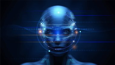 Vektör Soyut Modern Teknoloji Fütüristik, yapay zeka, yapay zeka konsepti. Robot ve siber uzay, dijital veriler, veri iletişimi, ileri teknoloji arka plan tasarımında yenilik