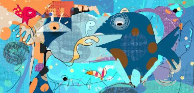 Soyut sanat tasarımı, renkli yağlı boya resim ve çizimler. Hoş bir çocuk, çocuk ya da çocuğun el boyası ve doğadaki çiçek, çocuk resimleri, çizgi film tarzı. Fantezi, gerçeküstü konsept