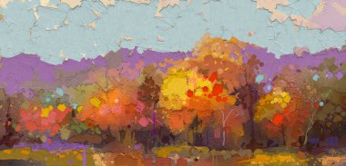 Soyut yağlı boya tablo manzarası. Renkli mavi mor gökyüzü. Yağlı boya, tuvalin üzerinde. Yarı soyut ağaç, tarla, yaz çayırı. Çizim manzarası, arka plan için çağdaş sanat