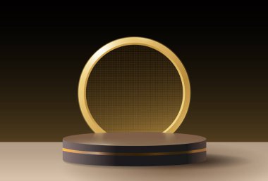 Altın çember kürsü ödül ya da ürün sergisi için. Vektör illüstrasyon 3d altın sahne, kozmetik sunum için lüks zarif tasarım, showroom, reklamcılık, olay, afiş şablonu
