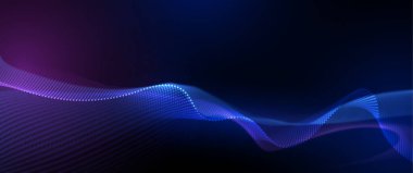 Vektör soyut dinamiği, dalga - akış ağ parçacıkları deseni ve koyu mavi arkaplan üzerindeki nokta. İllüstrasyon tasarımı fütüristik, ağ teknolojisi geçmişi. Modern dijital veri ve bilim konsepti