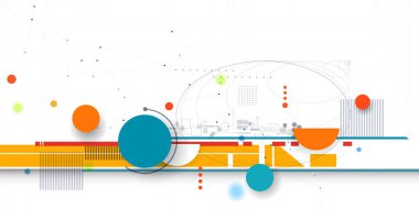 Vektör çizimi soyut modern teknoloji tasarımı. Beyaz daire, geometrik şekil, dalga teli çizgisi deseni ve gri arka planda devre kartı. Sancak ve şablon için teknoloji kavramı