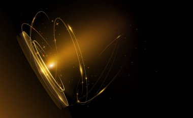 Soyut parlak altın lüks arka plan. Altın dalga çizgisi olan vektör illüstrasyon elementi, koyu renkli arka planda parlak neon ışığı efekti. Poster ve teknoloji afiş şablonu için grafik tasarımı