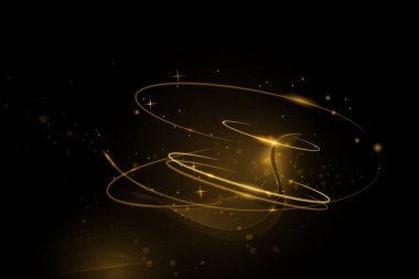 Çizim vektörü soyut kaos, altın dalga çizgisi deseni, akış çizgisi ve koyu renk arkaplan üzerindeki parçacık noktası. Modern fütürist, arka plan için tasarım. Dijital yüksek teknoloji, enerji teknolojisi kavramı